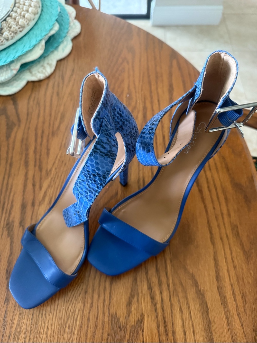 Calvin Klein Blue Snake-Texture Ankle Strap Sandals